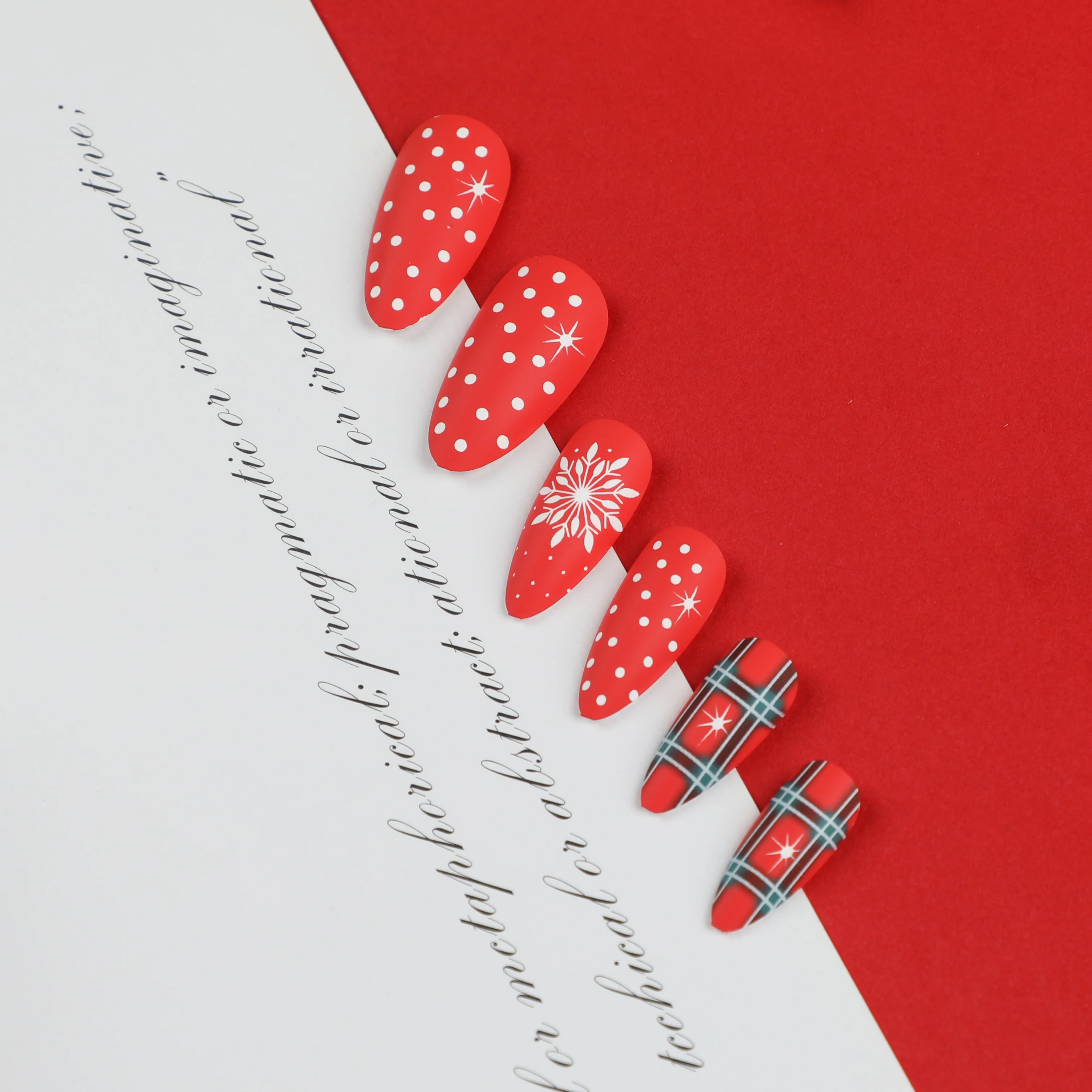 Gift Exchange Long Almond Red Holiday Press On Nails - Image 2