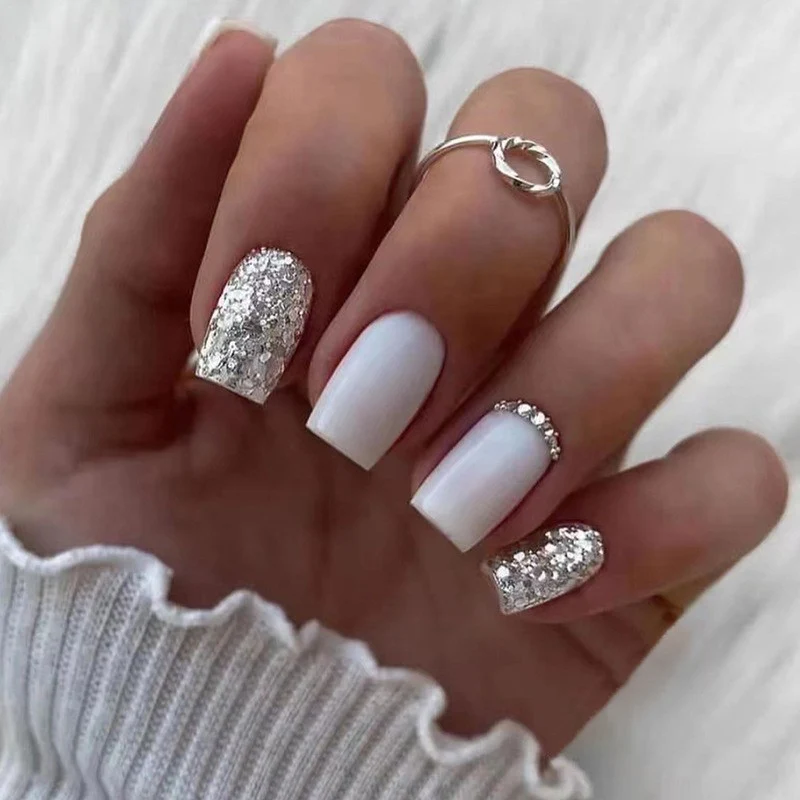 Glam Bride Medium Square White Studded Press On Nails