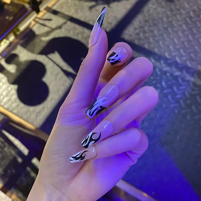 Glam Rock Long Coffin Press On Nail Set Transparent with Black Flame Art