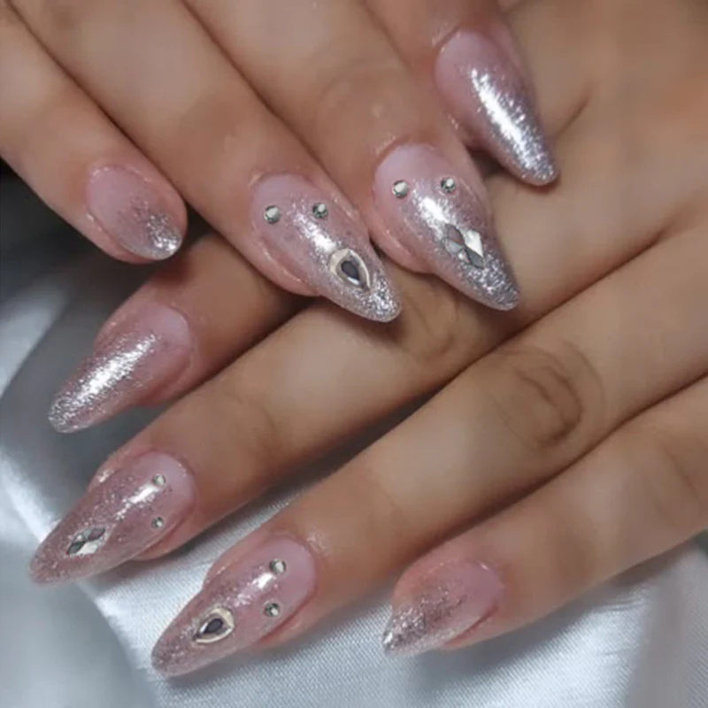 Glamorous Aurora Short Almond Shimmering Pink with Eye-Catching Rhinestone Accents Press On Nail Set