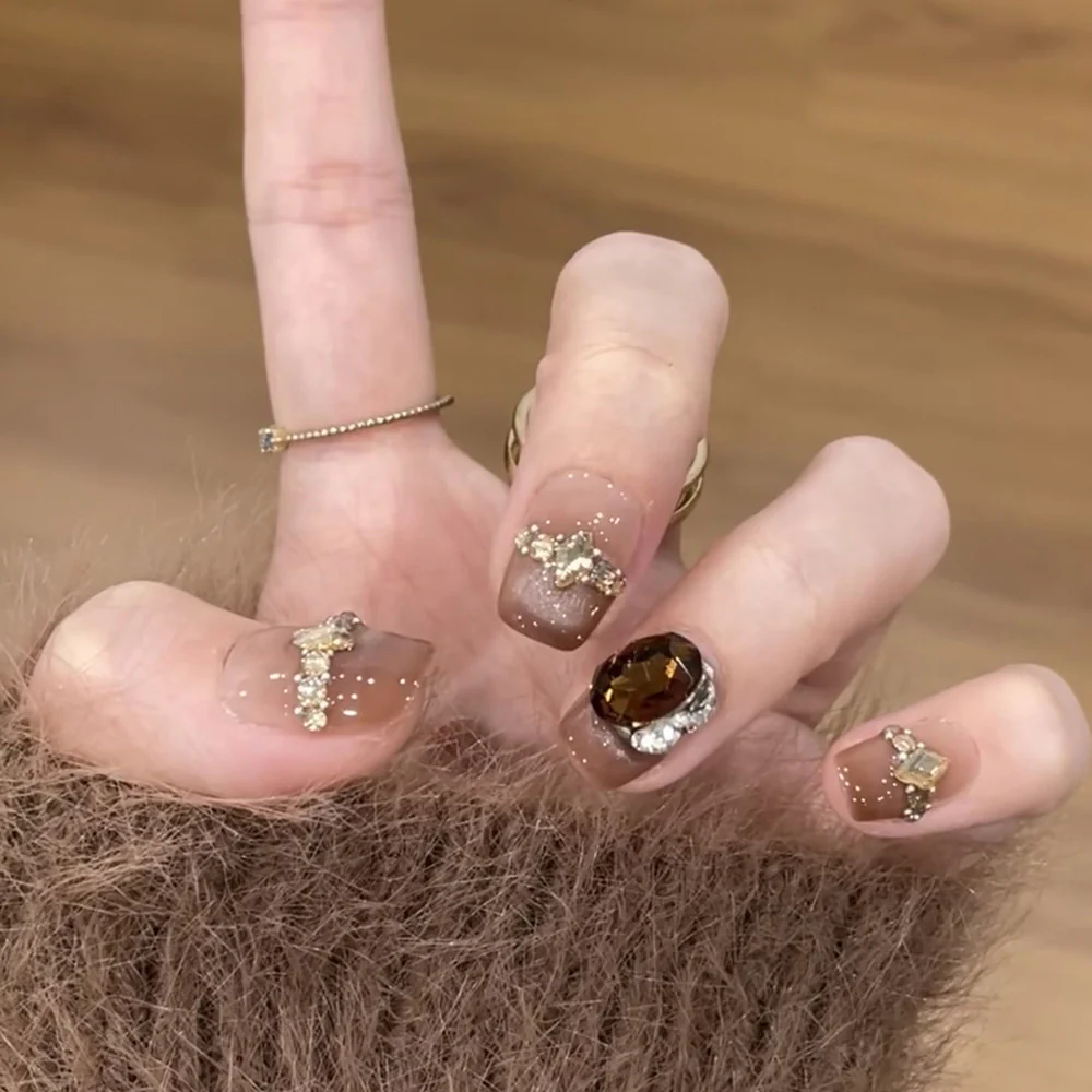 Glamorous Autumn Dream Short Square Brown Glittery Press On Nail Set with Gemstone Accents