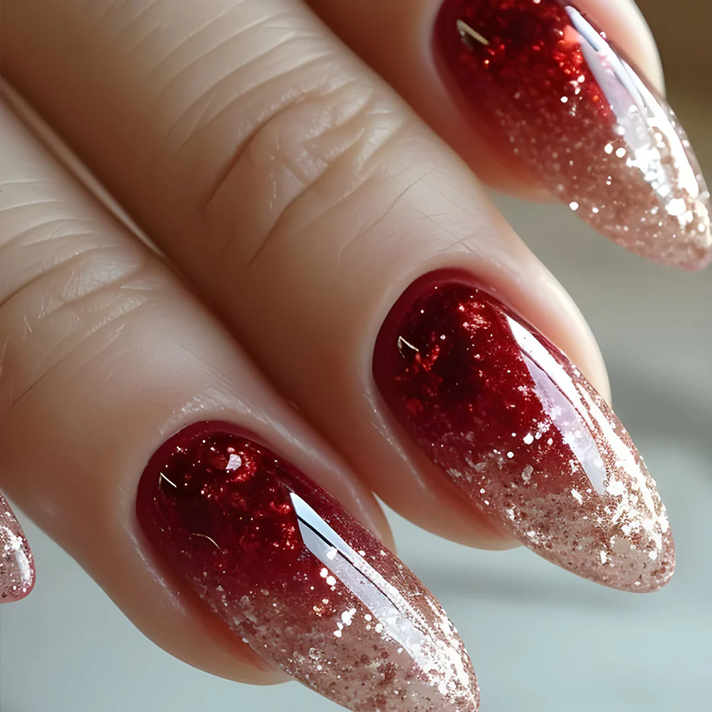 Glamorous Burgundy Medium Almond Press on Nail Set with Glittering Ombre Finish