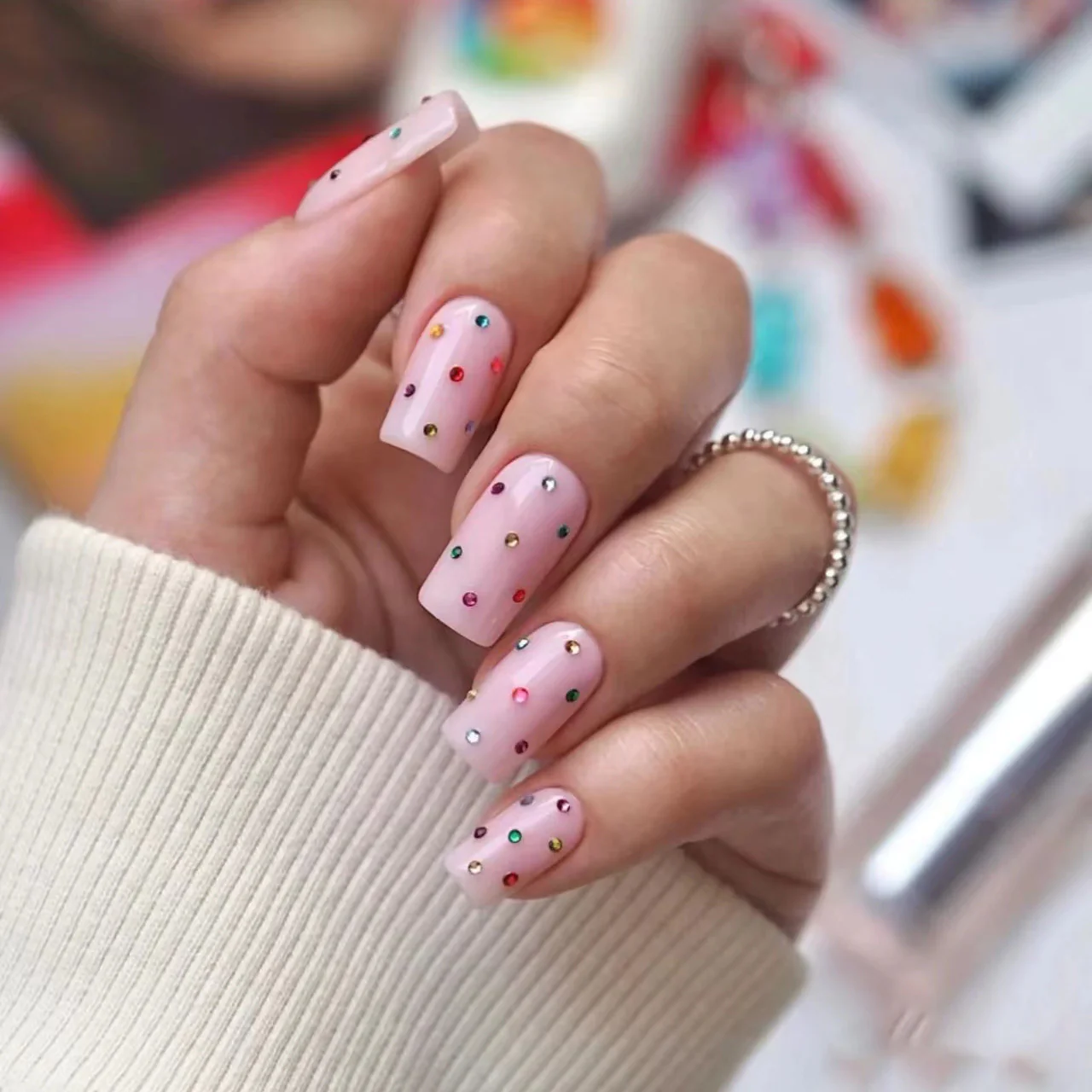 Glamorous Celebration Long Square Blush Pink Press On Nail Set with Colorful Dot Accents