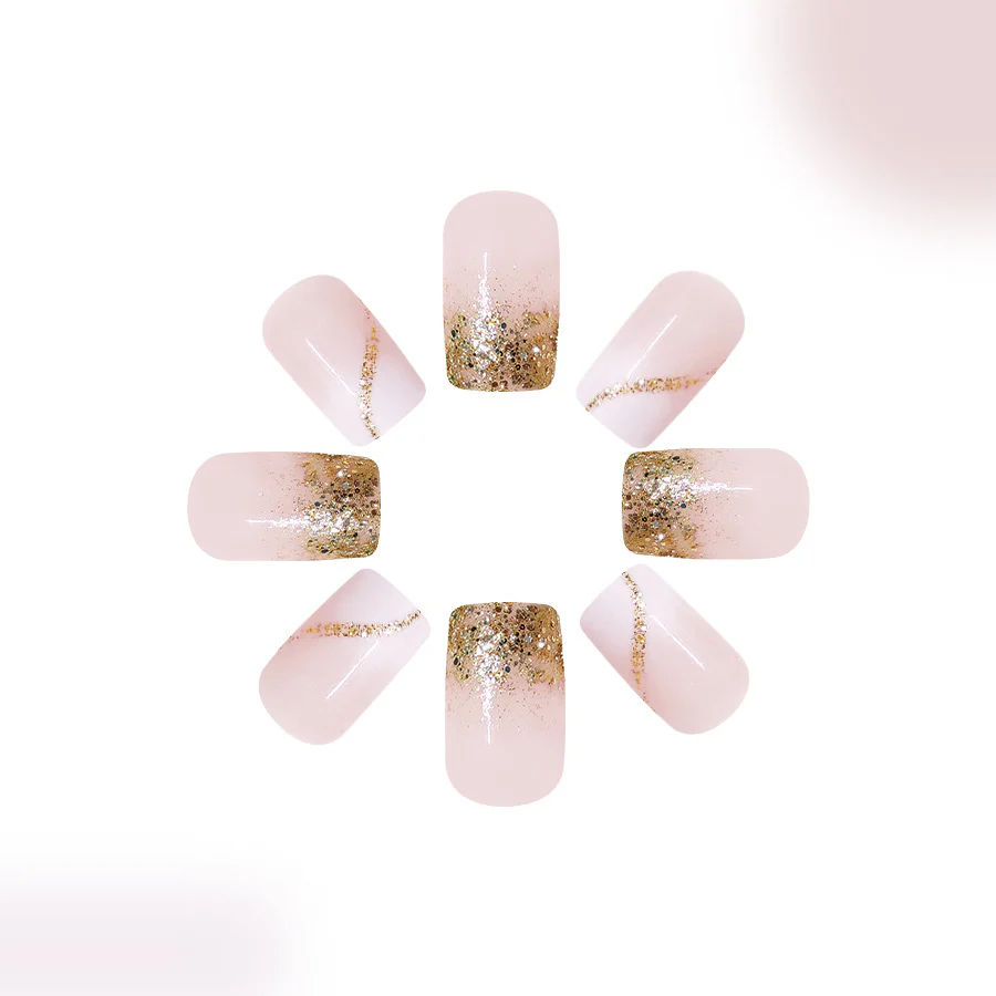 Glamorous Charm Short Square Pink Nails with Gold Glitter Gradient and Unique Design Feature