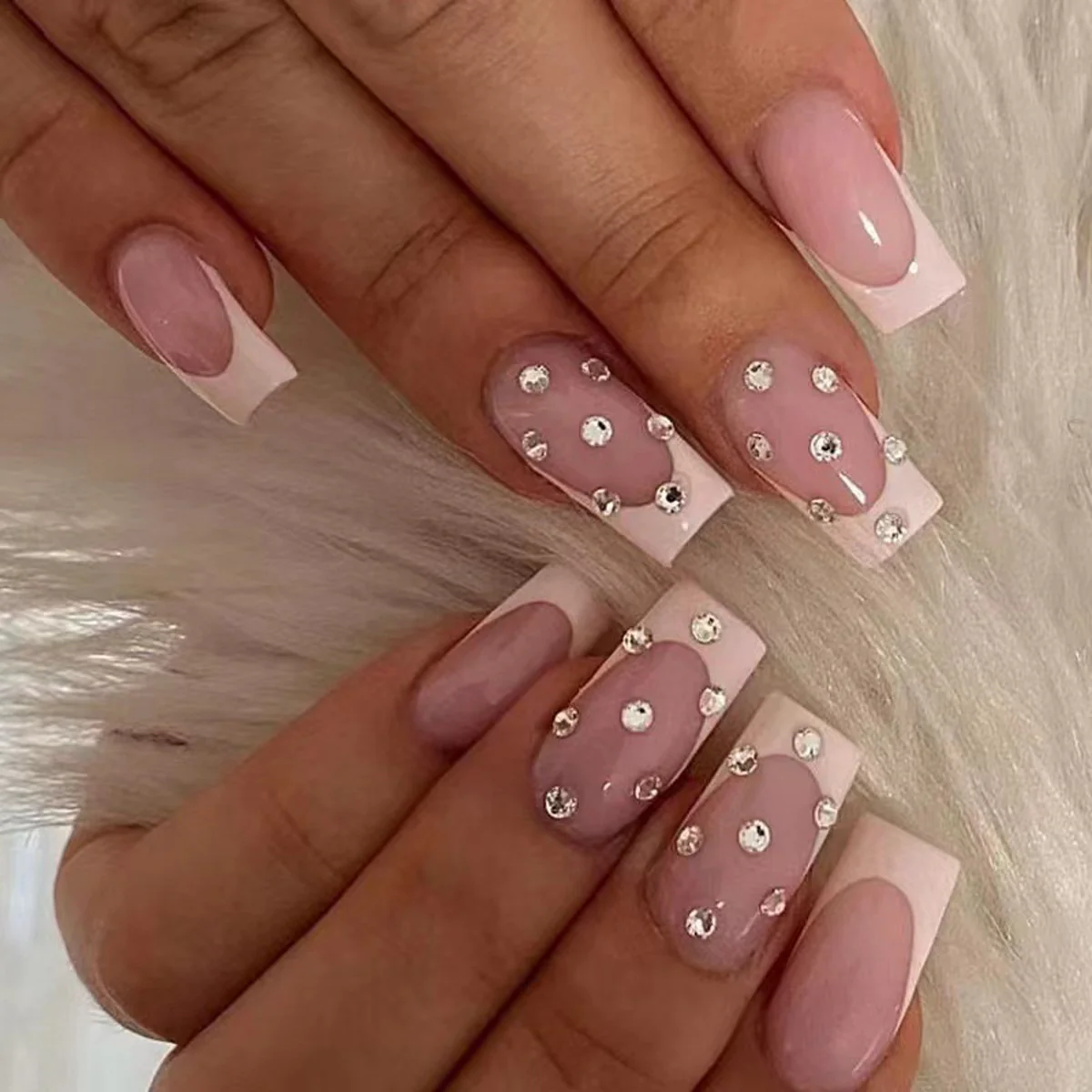 Glamorous Crystal Blush Long Square Press On Nail Set with Rhinestone Accents