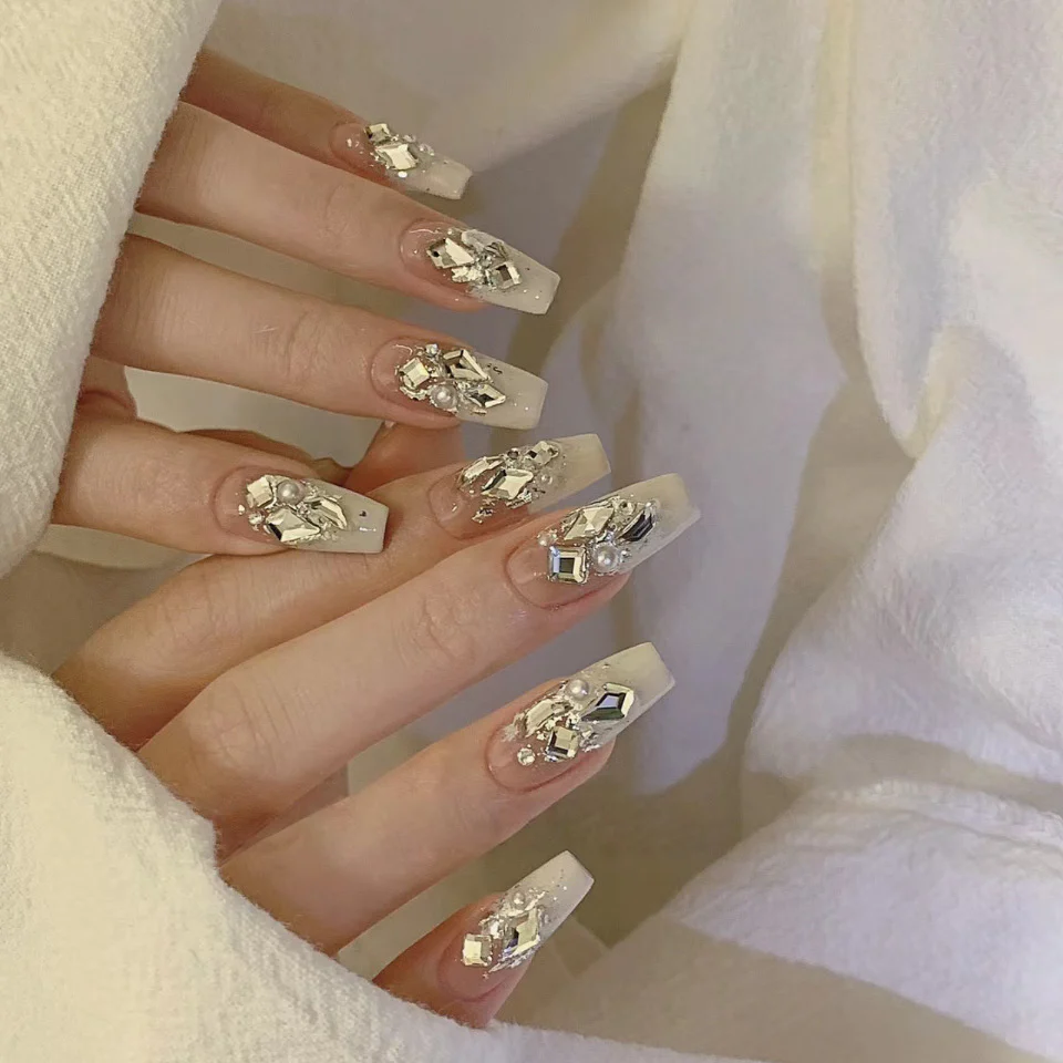 Glamorous Crystal Chic Long Coffin Clear Acrylic Press On Nail Set with 3D Bling Accents