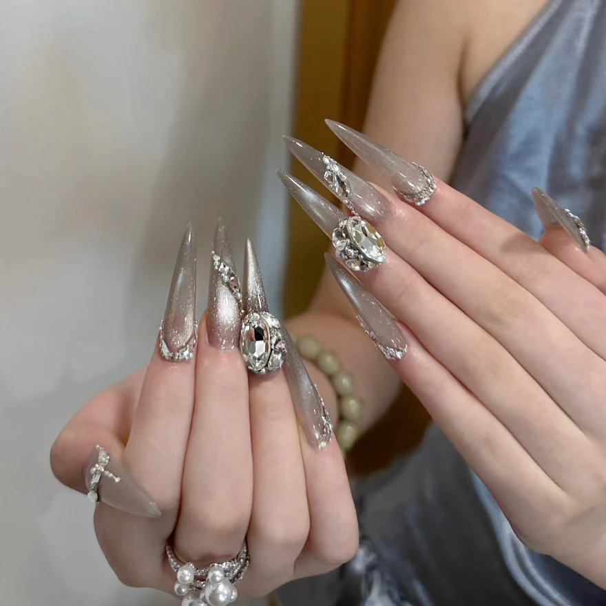 Glamorous Crystal Couture Extra Long Stiletto Press On Nail Set in Silver with Stunning Jewel Accents and Ombre Finish
