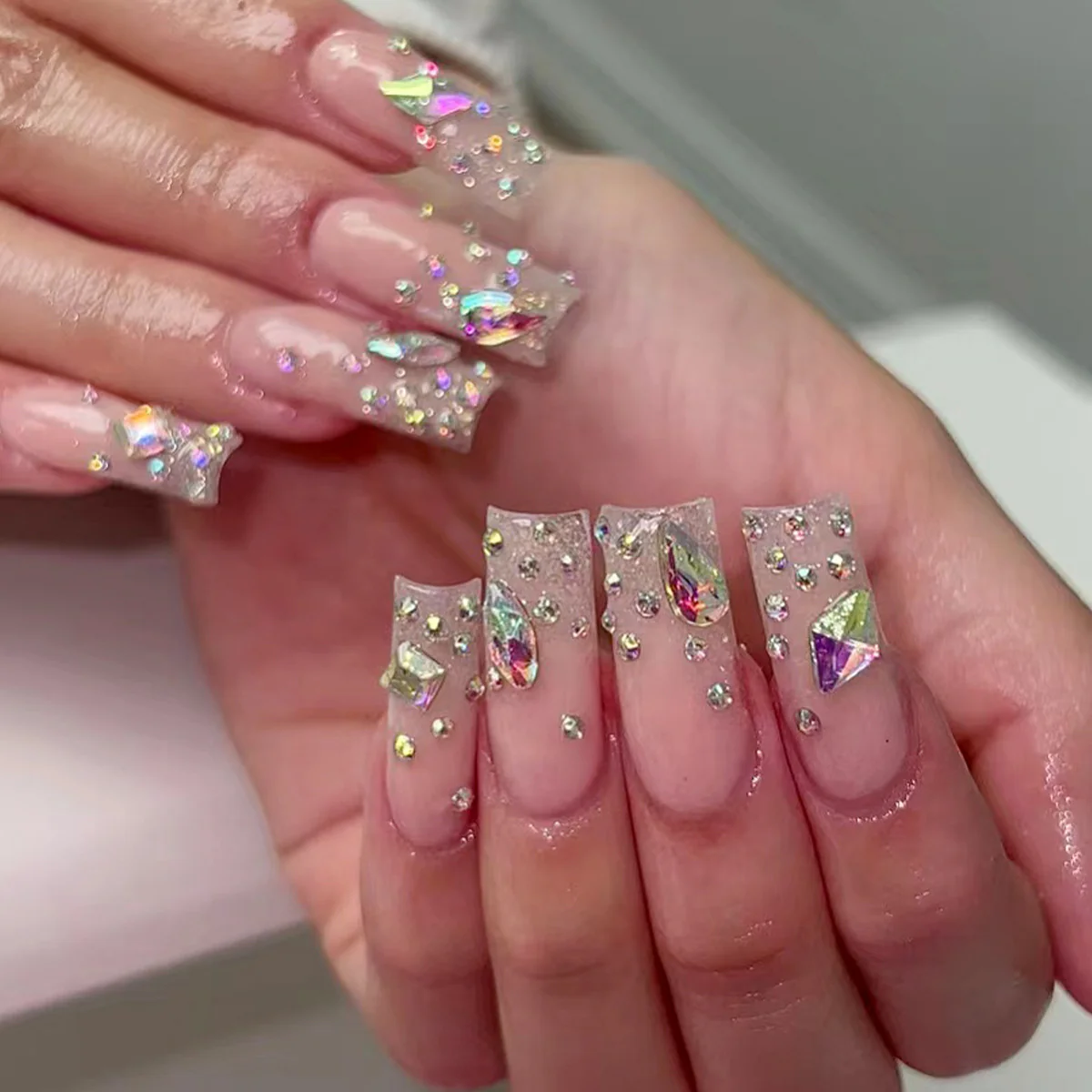 Glamorous Crystal Delight Long Square Clear Press On Nail Set with Iridescent Gemstones