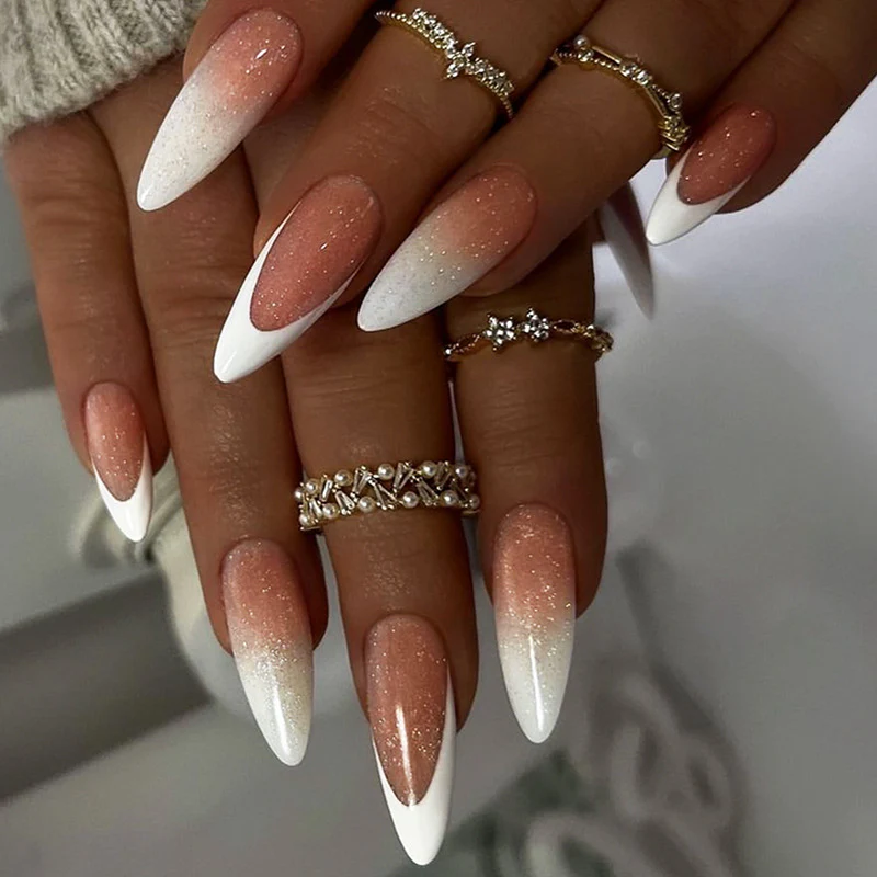 Glamorous Dreamy Long Almond Shaped Ombre Glittering Press On Nail Set