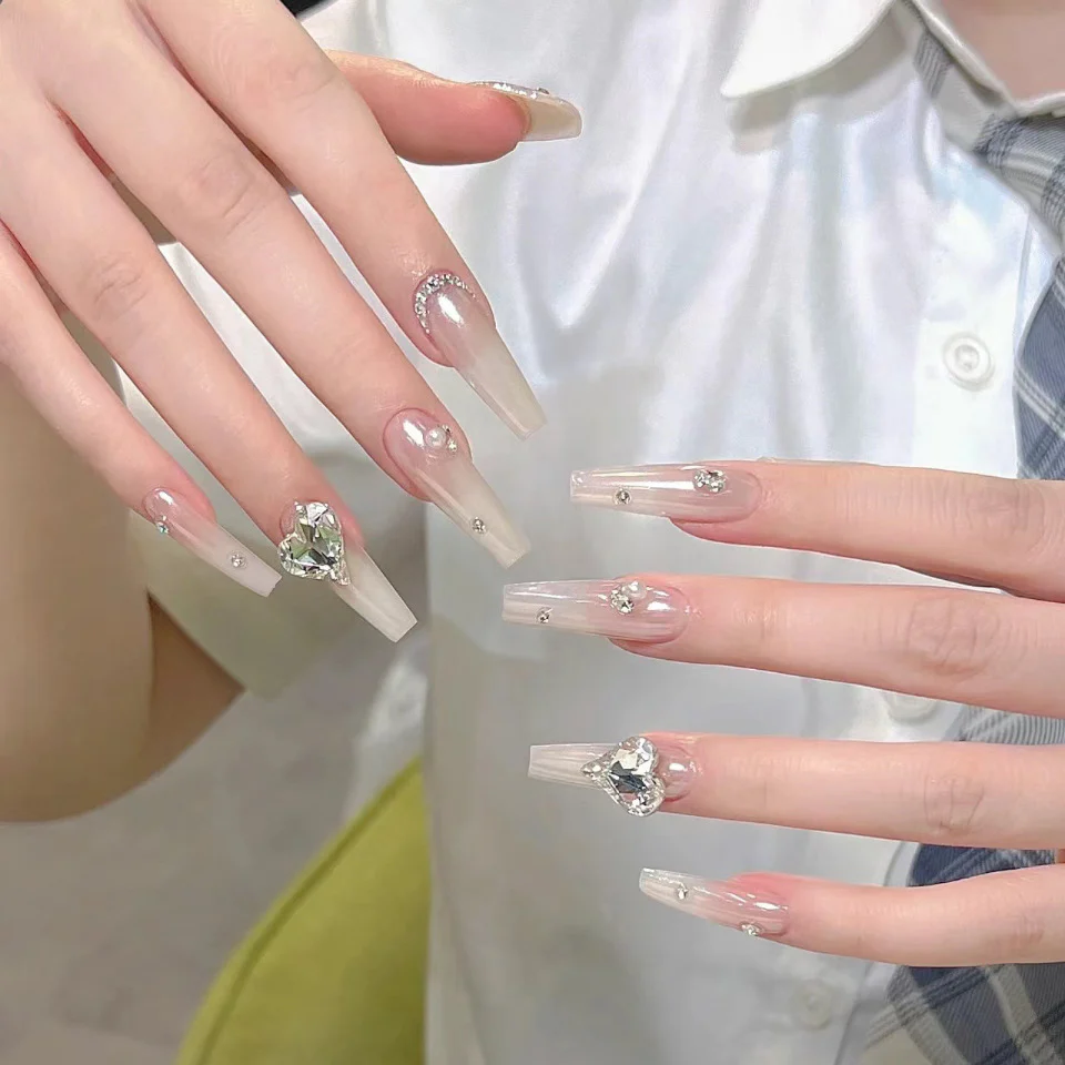 Glamorous Elegance Clear Coffin Press On Long Nail Set with Crystal Embellishments