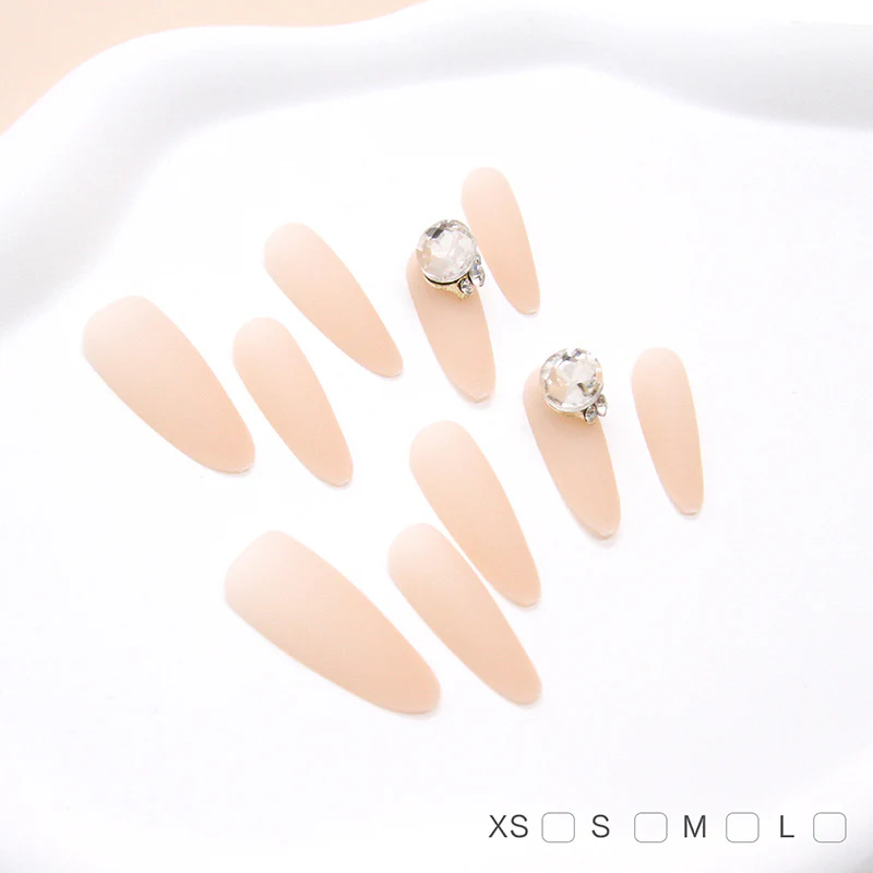 Glamorous Elegance Long Almond Shaped Blush Matte Press on Nail Set with Stunning Rhinestone Accent