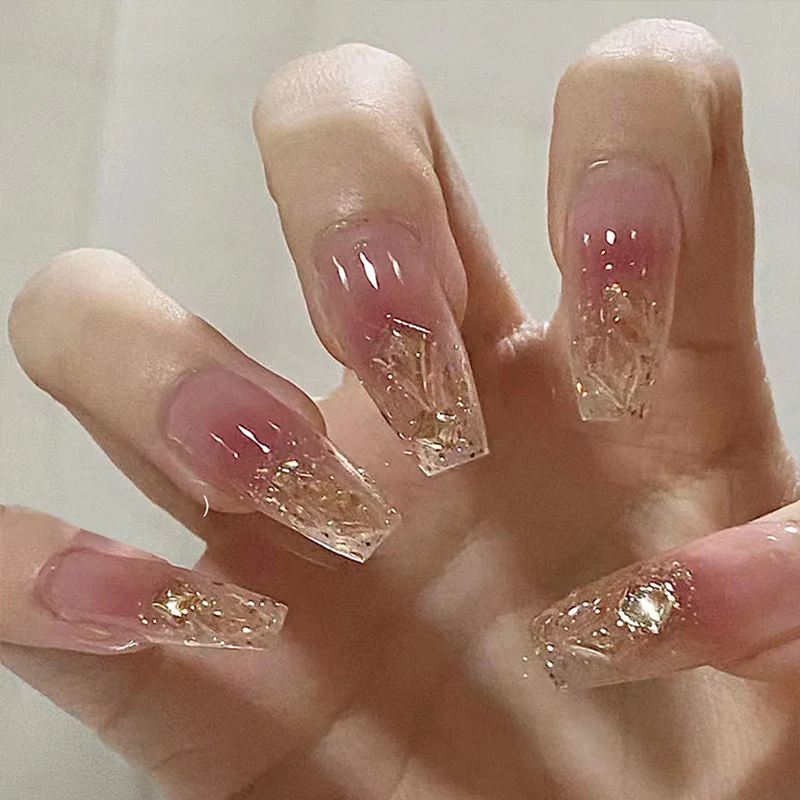 Glamorous Elegance Long Coffin Blush Pink with Glittering Crystal Accents Press On Nail Set