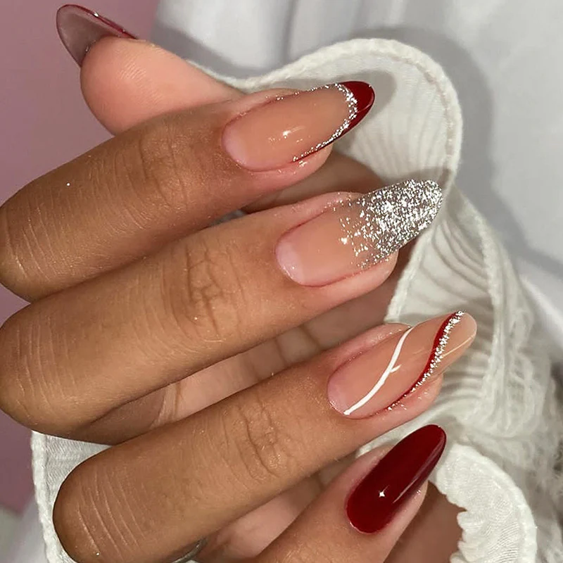 Glamorous Elegance Long Oval Red and Glittering French Tip Press On Nail Set