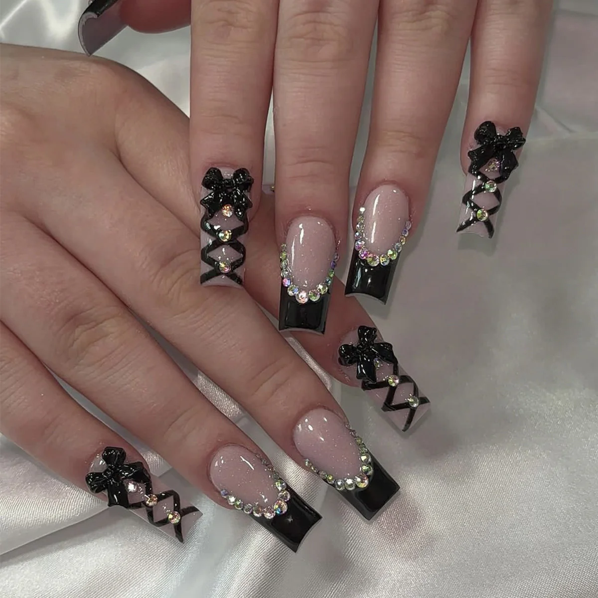 Glamorous Elegance Long Square Black with Bow and Gem Accents Press On Nail Set