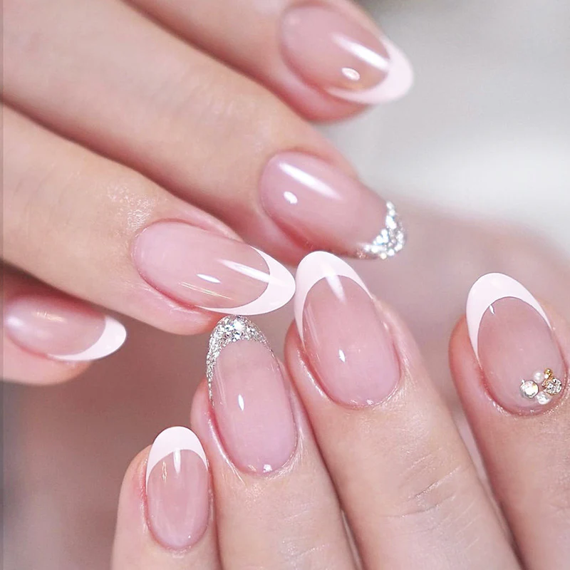 Glamorous Elegance Short Almond Shaped Pink and White Press On Nail Set with Glitter Accents
