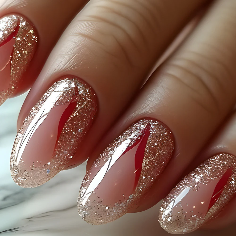 Glamorous Elegance Short Oval Blush with Shimmering Glitter and Dramatic Red Accent Press On Nail Set
