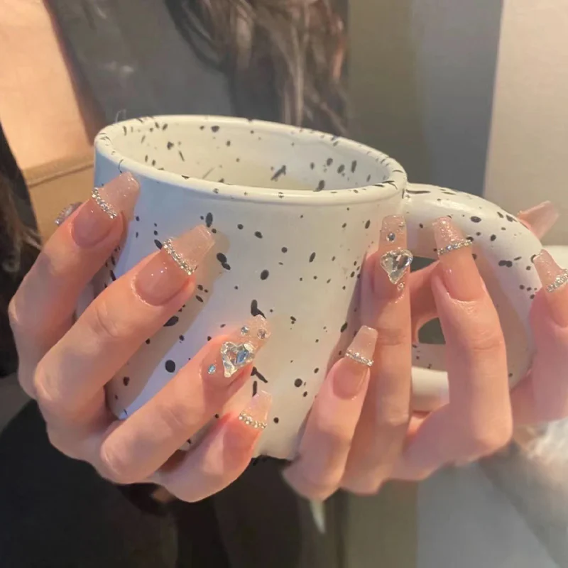 Glamorous Gala Long Coffin Clear Pink Press On Nail Set with Sparkling Rhinestone Accents