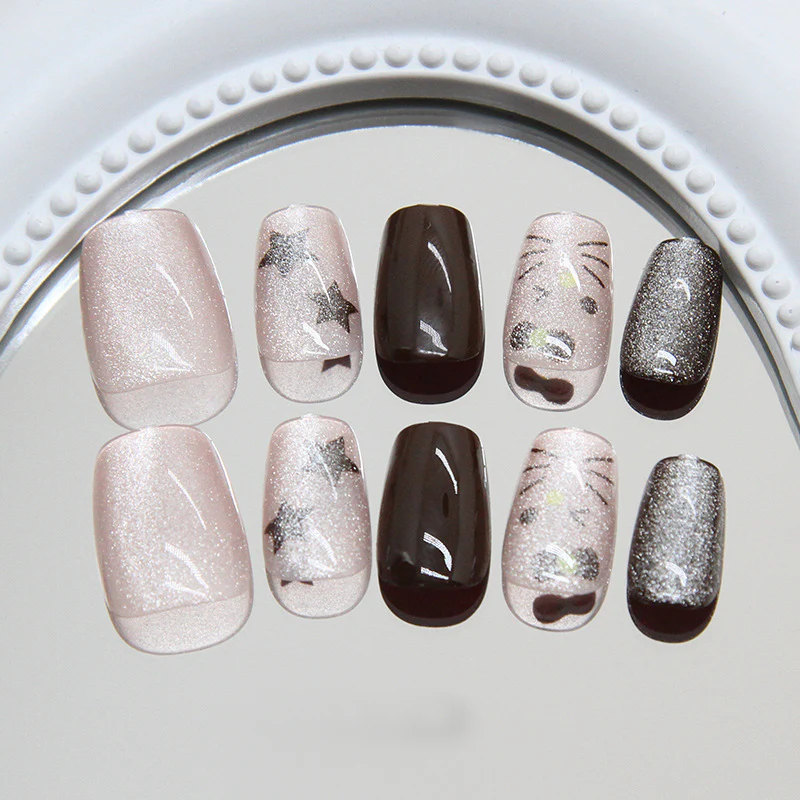 Glamorous Glamourous Short Square Shimmering Pink and Brown with Star and Glitter Accents Press on Nail Set