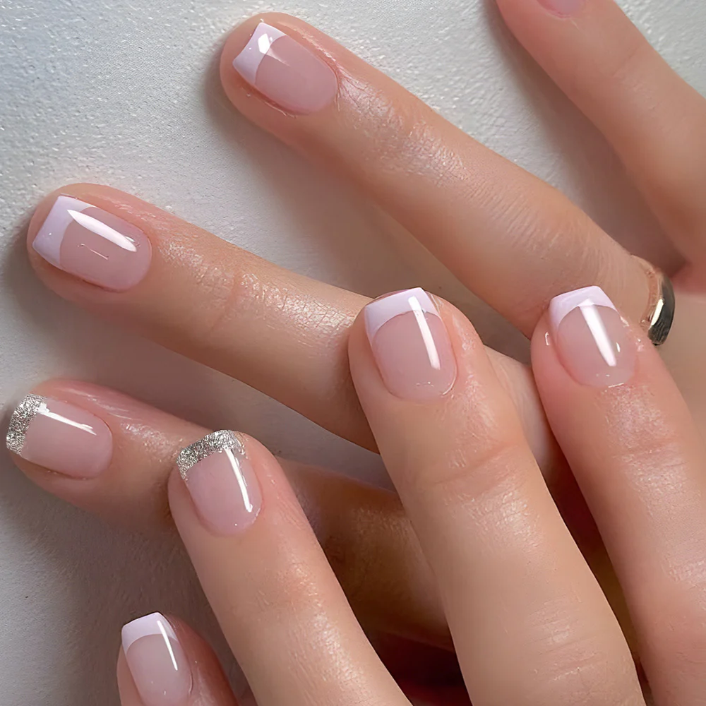 Glamorous Glow Short Square Pink Press On Nail Set with Sparkling Silver Tips