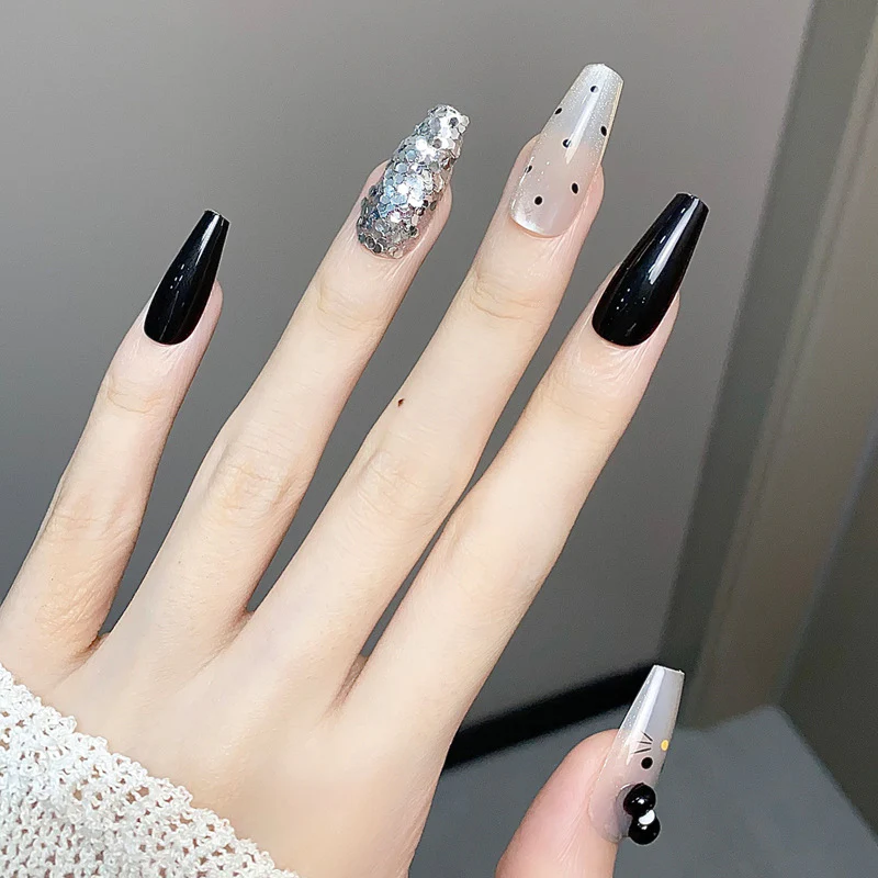 Glamorous Midnight Elegance Long Coffin Black and Silver Glitter Press-On Nail Set with Unique Decorative Themes