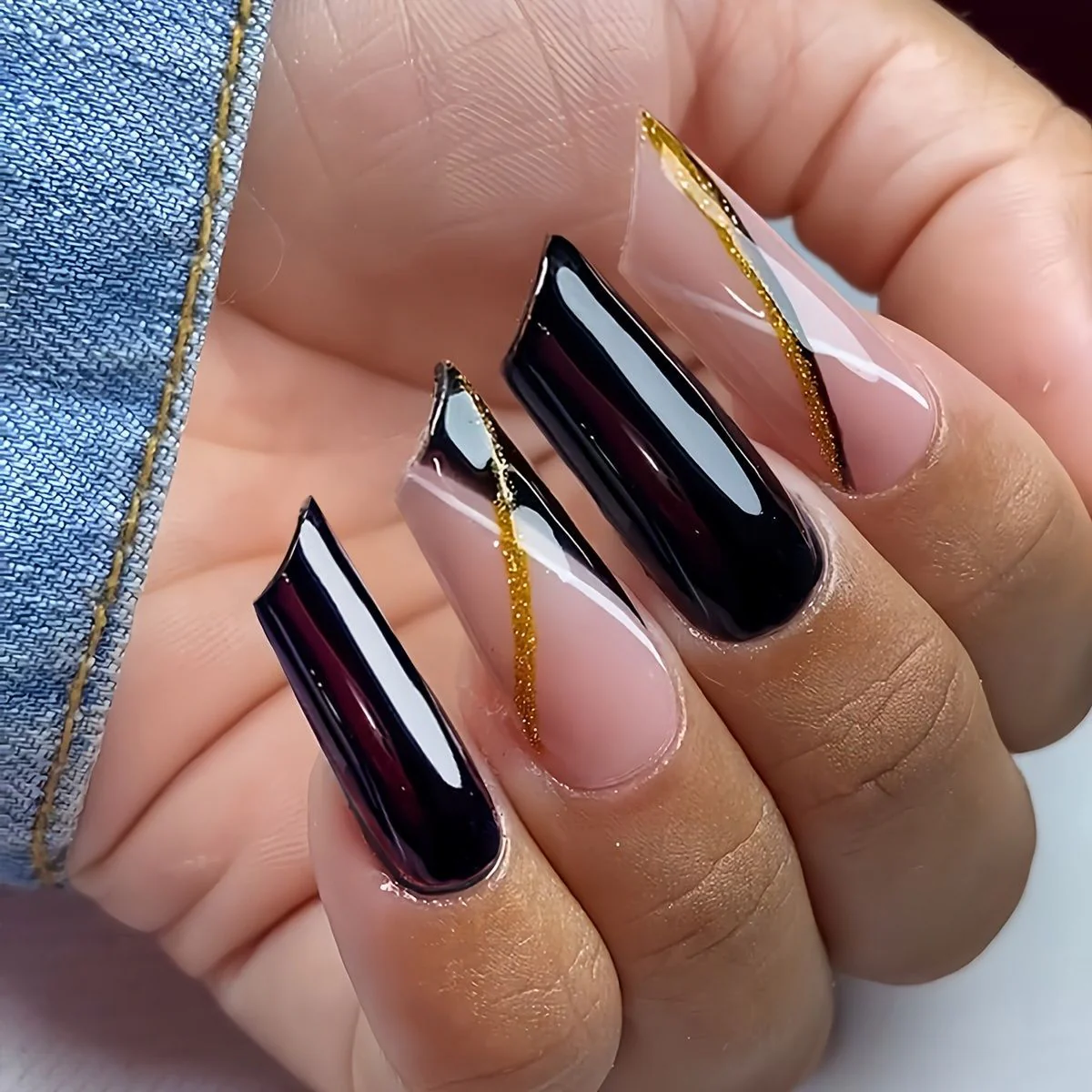 Glamorous Midnight Elegance Long Square Shiny Black and Beige Press-On Nail Set with Gold Accent Lines