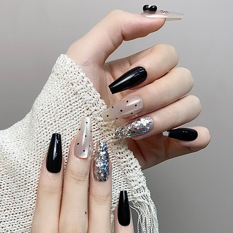 Glamorous Night Sky Long Coffin Black and Clear Glittered Press-On Nail Set