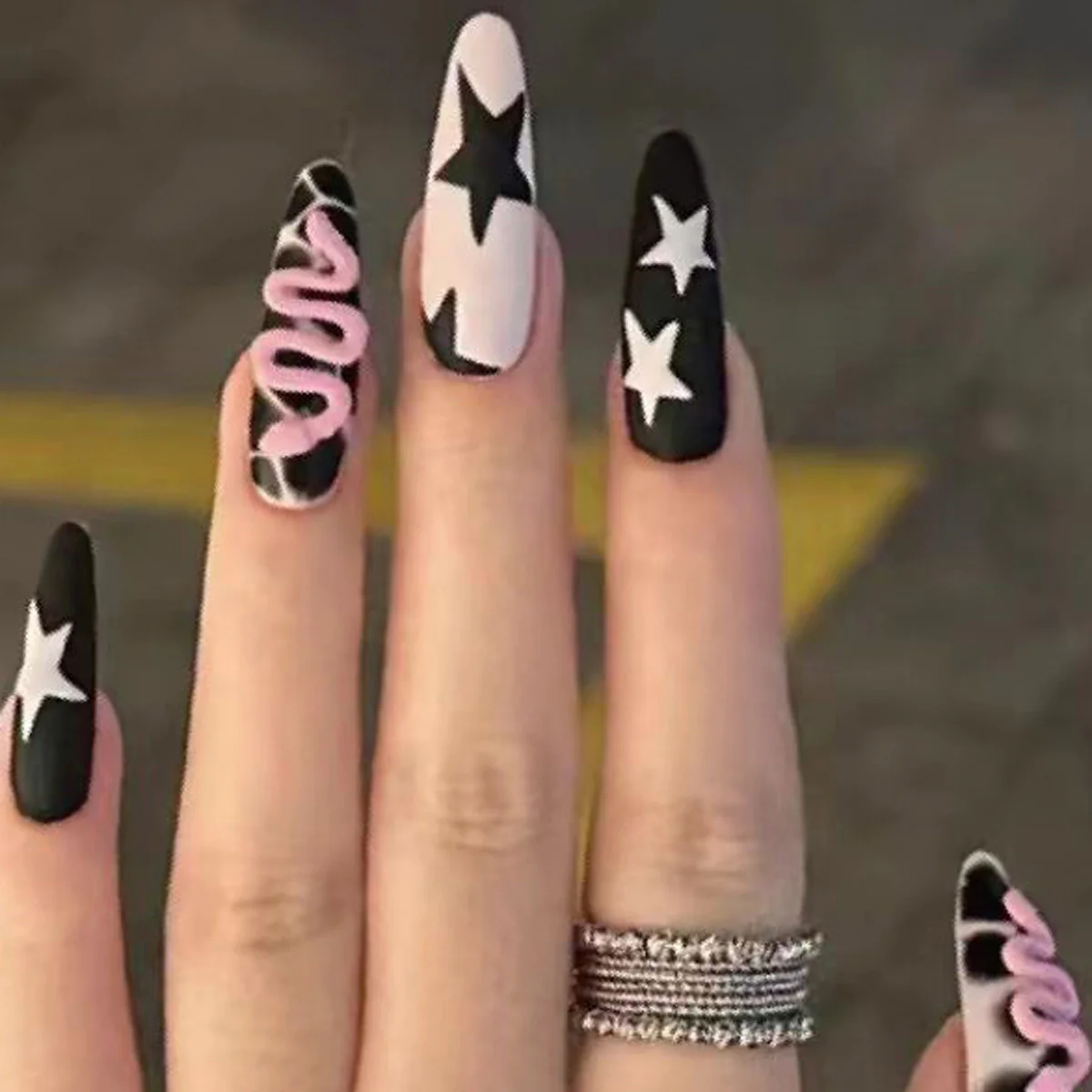Glamorous Night Vibes Long Almond Black and White Press On Nail Set with Unique Snake Design