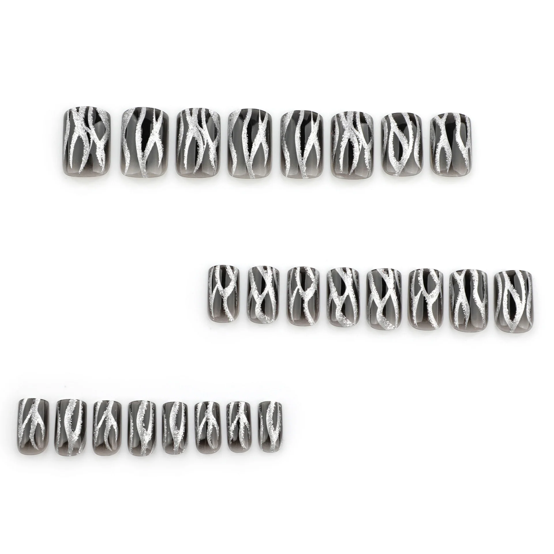 Glamorous Nightfall Short Square Shaped Long Length Charcoal Gray with Striking Silver Swirl Design Press on Nail Set
