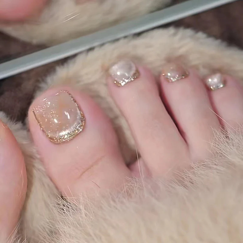 Glamorous Serenity Short Square Glitter Gold Press On Nail Set 14mm Short Beige with Sparkling French Tips