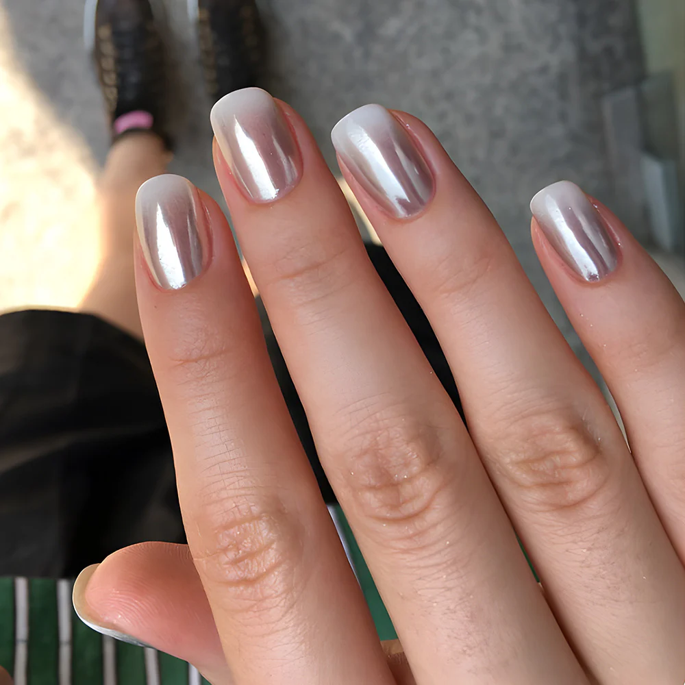 Glamorous Silver Ombre Medium Square Press On Nail Set with High Shine Finish