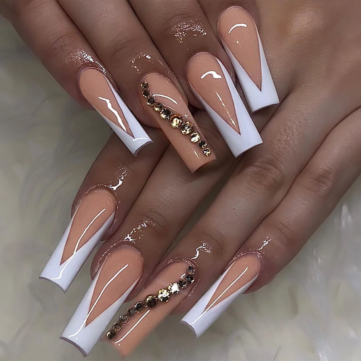 Glamorous Sunset Dream Long Square Beige and White Press On Nail Set with Glimmering Accents
