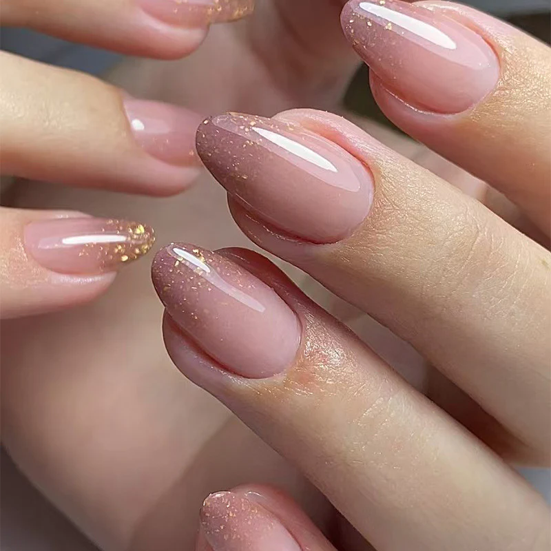 Glamorous Sunset Long Almond Soft Pink Gradient Press On Nail Set with Sparkling Glitter Tips