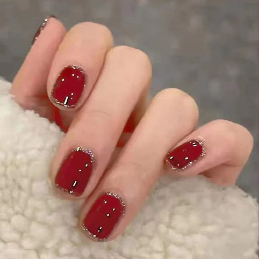 Glamorous Winter Wonderland Short Square Red Nails with Sparkling Glitter Tips