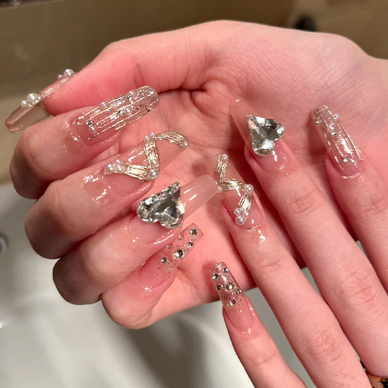 Glamour Gala Extra-Long Coffin Clear Press On Nail Set with Glitter Accents and Rhinestone Embellishments