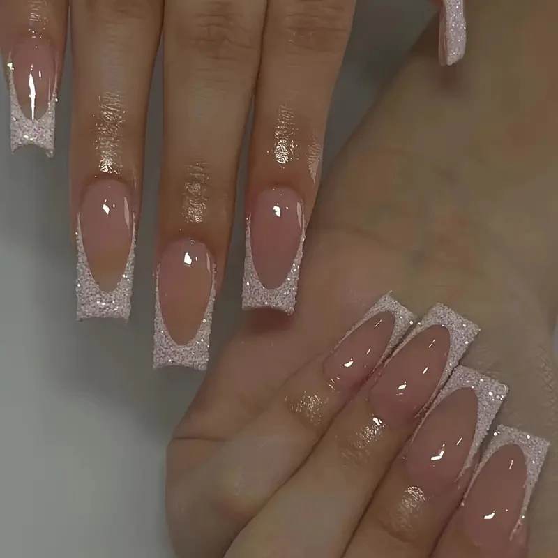 Glistening Elegance Long Square Press On Nails Light Pink with Glittery Cutouts