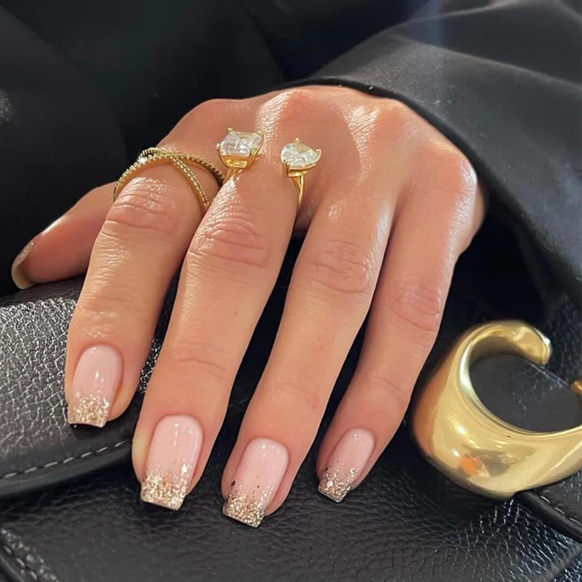 Glittering Gala Medium Square Press On Nail Set, Beige Pink with Gold Glitter Ombre Tips