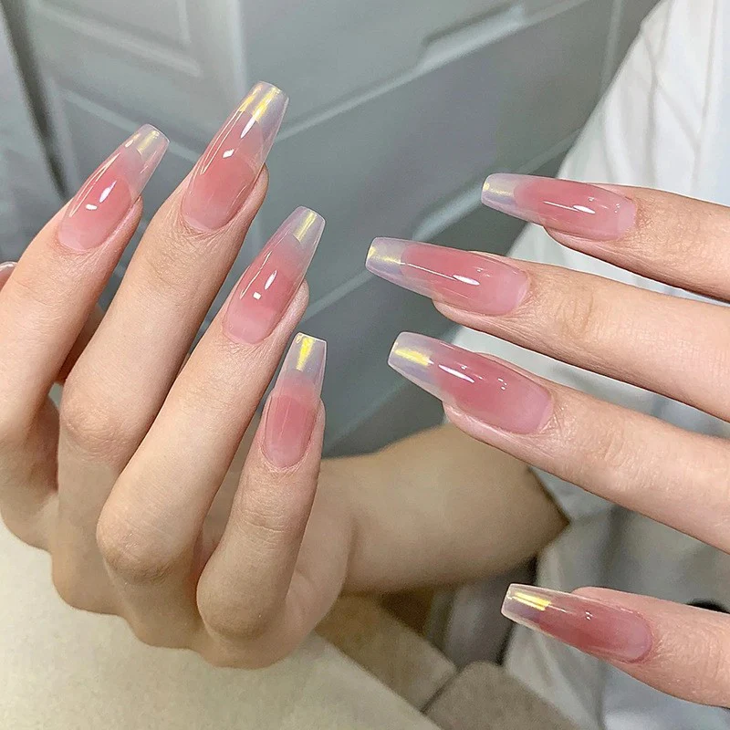 Glossy Sunrise Long Coffin Press On Nails in Soft Pink with Iridescent Yellow Tips