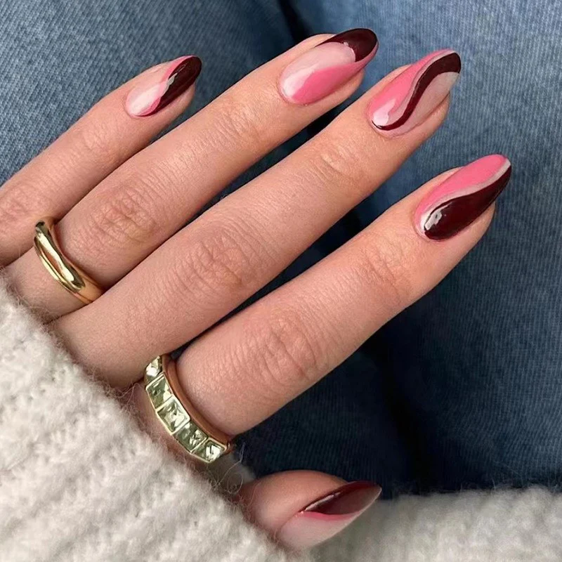 Go Through Medium Almond Pink Groovy Press On Nails