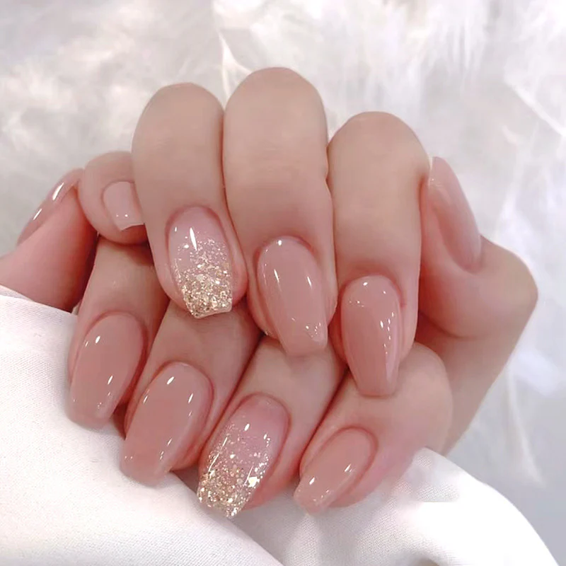 Gold Touch Medium Coffin Pink Glitter Press On Nails