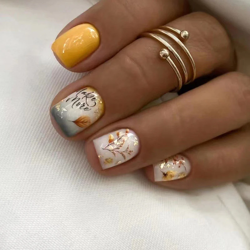 Golden Autumn Medium Square Press-On Nails Set with Mustard and Metallic Leaf Accents
