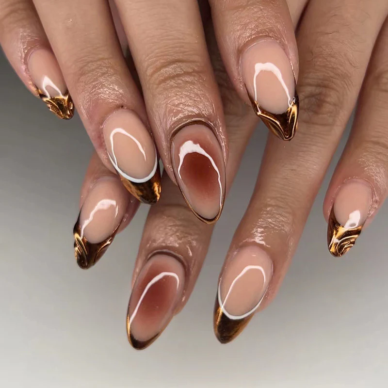 Golden Elegance Medium Almond Shaped Beige and Brown Gradient Press On Nail Set with Chic White Swirl Design