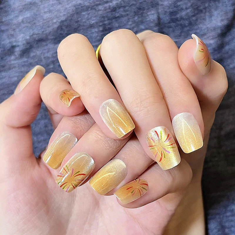 Golden Sunrise Medium Squoval Yellow Sparkle Press-On Nails with Autumn Leaf Accents