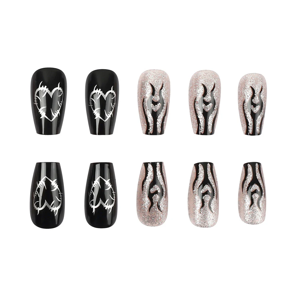 Gothic Charm Medium Coffin Black and Rose Glitter Press On Nail Set with Intricate Heart and Flame Designs