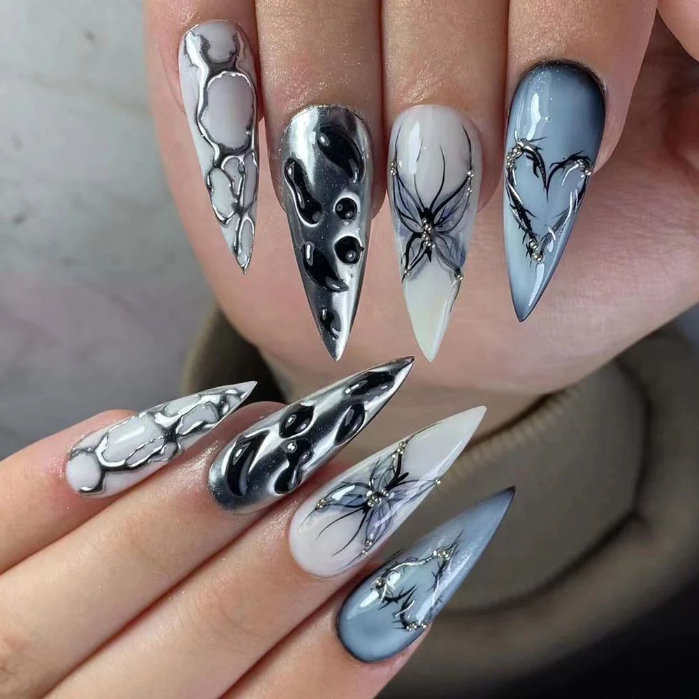 Gothic Elegance Extra Long Stiletto Gray Press On Nail Set with Spider and Web Accents