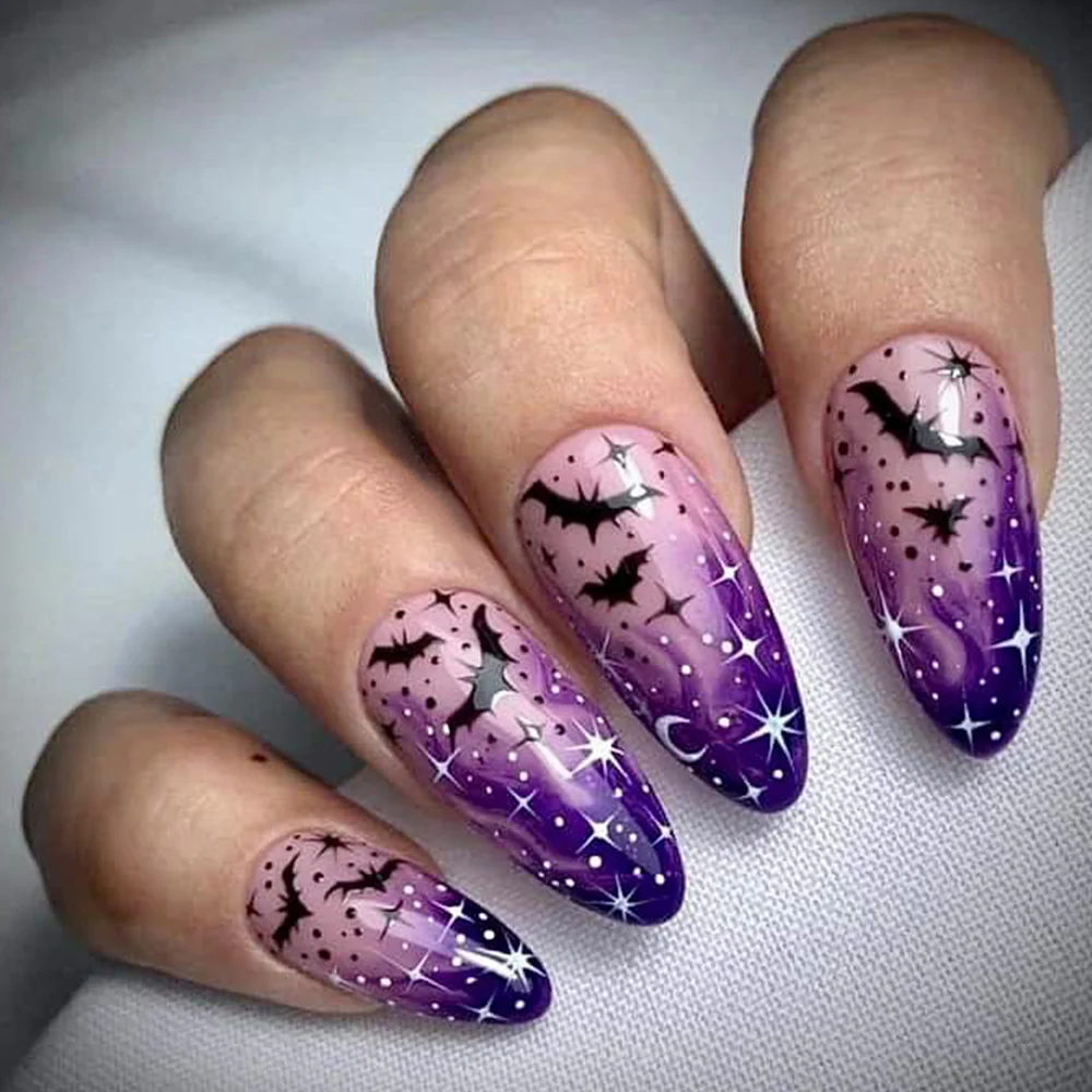 Gothic Elegance Long Almond Gradient Purple Press On Nail Set with Bat Silhouette Accents