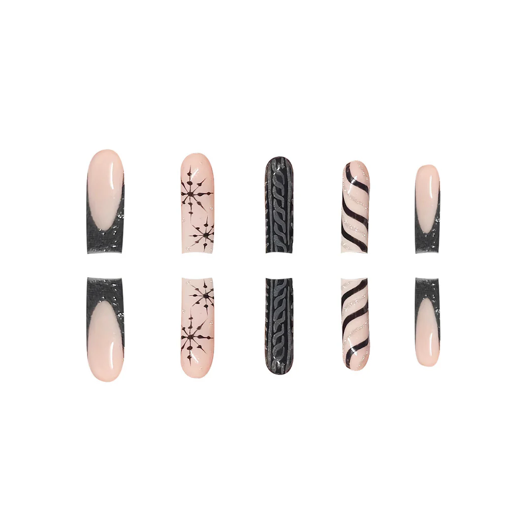 Gothic Elegance Long Square Blush and Midnight Black Mix with Intricate Patterns Nail Set
