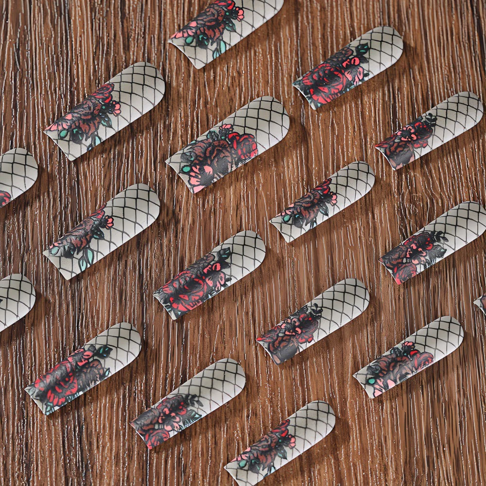 Gothic Elegance Long Square Shaped Cream and Black Floral Print Press On Nail Set with Mesh Detailing