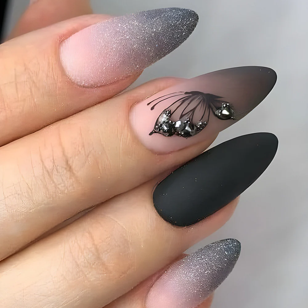 Gothic Elegance Medium Almond Shaped Gradient Gray Black Press On Nail Set with Intricate Embellishments