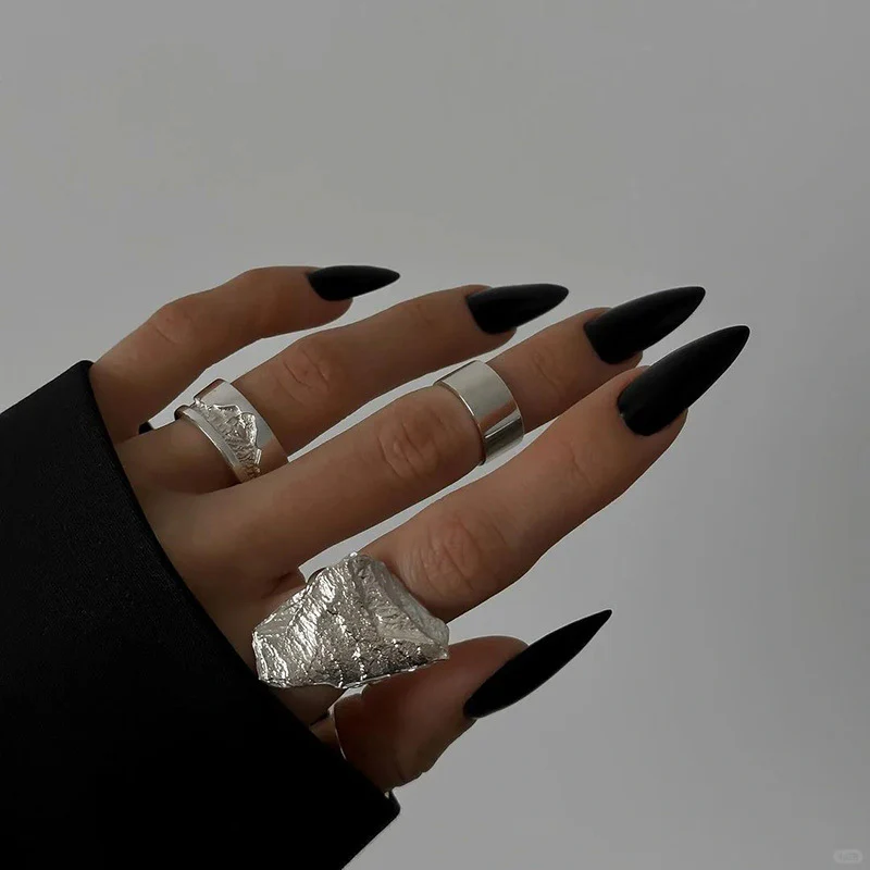 Gothic Elegance Stiletto Black Press On Long Nail Set with Glossy Finish and Matte Textures