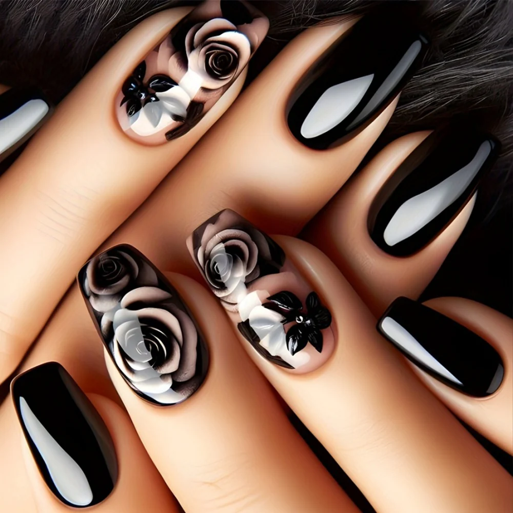 Gothic Floral Elegance Long Coffin Black and White Press On Nail Set with Stunning Rose Designs